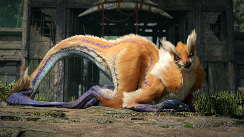 16:9 3d_(artwork) 4k absurd_res ambiguous_gender bedroom_eyes bird_wyvern blue_body blue_scales building capcom claws crossed_arms detailed_background digital_media_(artwork) dinosaur elbow_tuft eyebrows facial_tuft feral fluffy fluffy_tail fur grass great_izuchi hair half-closed_eyes hi_res ivorylagiacrus looking_at_viewer lying male_(lore) monster_hunter multicolored_body multicolored_fur narrowed_eyes on_front on_ground orange_body orange_eyes orange_fur outside plant pupils raised_tail reptile ruins scales scalie seductive sharp_claws shrine slit_pupils solo tail_tuft theropod tuft video_games white_body white_fur white_scales widescreen