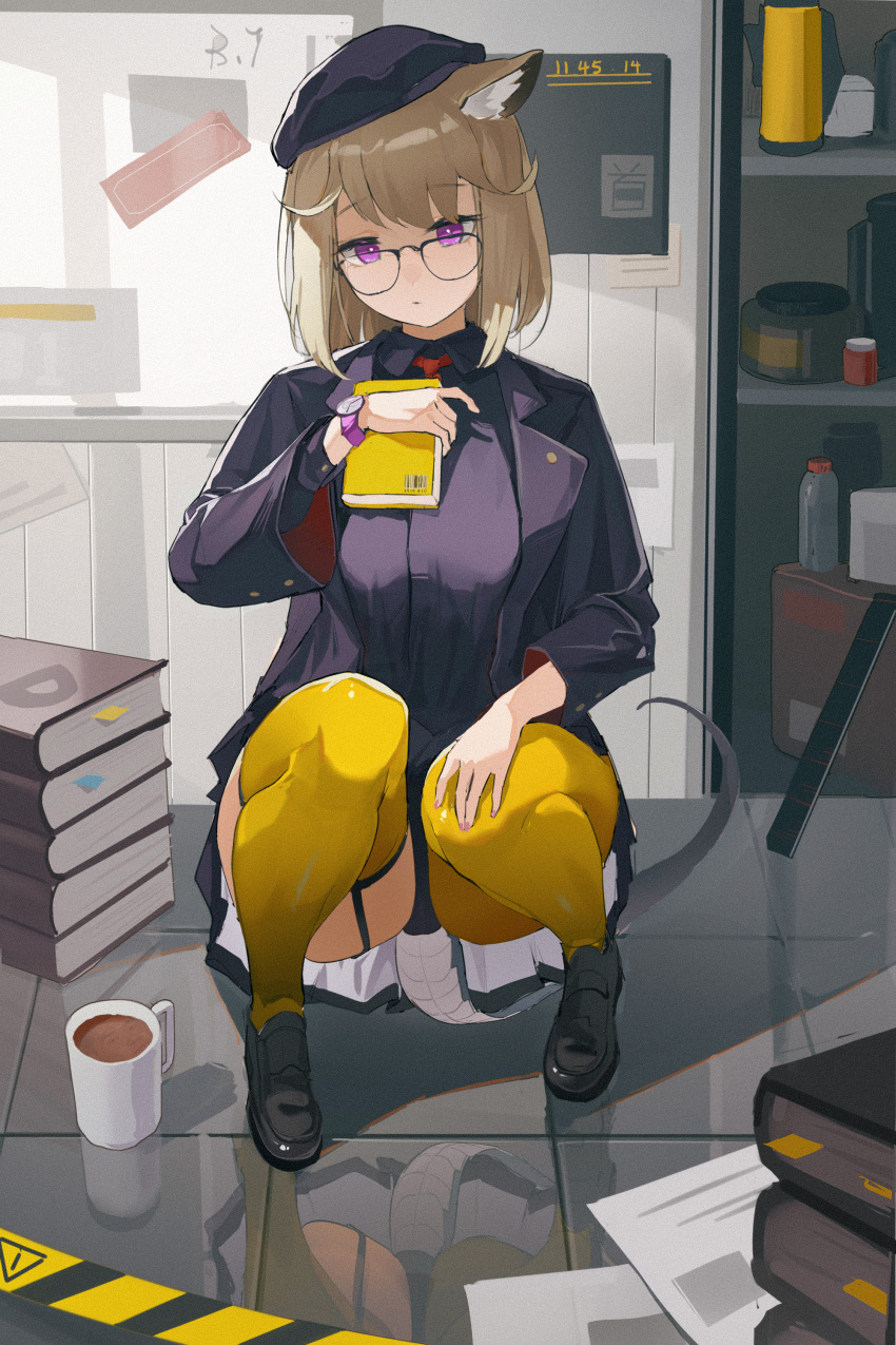 1girl absurdres animal_ear_fluff animal_ears arknights asymmetrical_legwear bangs black-framed_eyewear black_footwear black_jacket black_pantyhose black_shirt black_skirt book book_stack breasts brown_hair closed_mouth coffee coffee_mug collared_shirt cup glasses highres holding holding_book indoors jacket large_breasts loafers long_sleeves looking_at_viewer miniskirt mug necktie official_alternate_costume open_clothes open_jacket panties pantyhose pantyshot pantyshot_through_reflection purple_eyes red_necktie reflection reflective_floor shelf shirt shoes short_hair single_leg_pantyhose skirt solo tail thighhighs underwear upskirt utage_(arknights) utage_(disguise)_(arknights) watch wristwatch yellow_thighhighs zombie_ke
