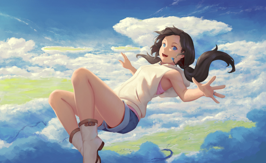1girl :d amano_hina_(tenki_no_ko) bare_arms bigrbear blue_eyes blue_shorts boots brown_hair cardigan cloud day denim denim_shorts floating_hair highres hood hood_down hooded_cardigan jewelry long_hair looking_at_viewer low_twintails open_mouth outdoors pink_shirt ring shiny shiny_hair shirt short_shorts shorts sleeveless sleeveless_shirt smile solo tenki_no_ko twintails white_cardigan white_footwear