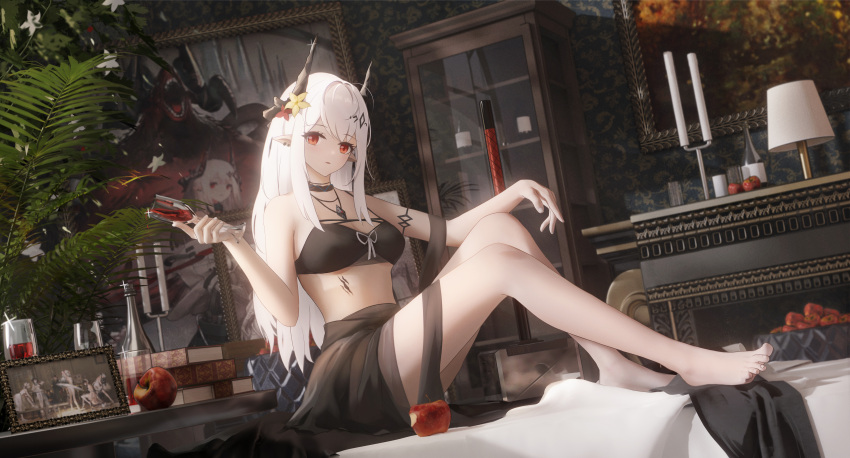 1girl absurdres apple arknights bikini black_bikini book candelabra cup demon_horns display_case drinking_glass flower food fruit full_body hair_flower hair_ornament highres horns indoors infection_monitor_(arknights) jewelry lamp ling_dianxia looking_at_viewer mudrock_(arknights) mudrock_(silent_night)_(arknights) necklace official_alternate_costume oripathy_lesion_(arknights) parted_lips picture_frame plant potted_plant red_eyes red_flower revision sitting solo stomach swimsuit white_hair wine_glass yellow_flower