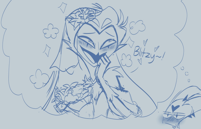 &lt;3 anthro avian bird blitzo_(helluva_boss) blue_text blush blush_lines clothing daydream dress duo flower helluva_boss hi_res imp male owl owl_demon plant simple_background smile stolas_(helluva_boss) teathekook text wedding wedding_dress wedding_veil