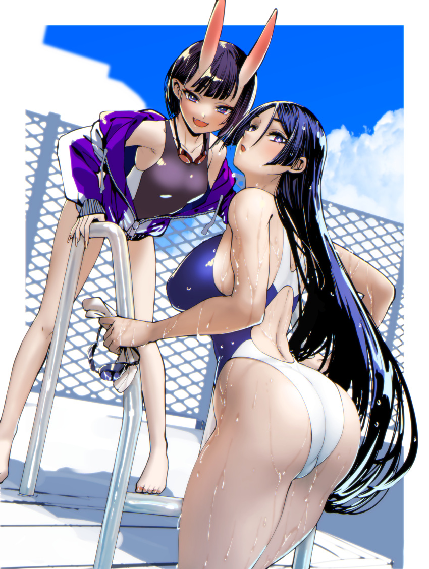 2girls :d :o arched_back ass back_cutout banned_artist breasts clothing_cutout covered_nipples demon_girl fate/grand_order fate_(series) goggles goggles_around_neck highres horns iwamoto_eiri jacket jacket_partially_removed large_breasts leaning_forward legs_apart legs_together minamoto_no_raikou_(fate) multiple_girls open_mouth pool pool_ladder poolside purple_eyes purple_hair shuten_douji_(fate) small_breasts smile swimsuit wet wet_clothes wet_swimsuit