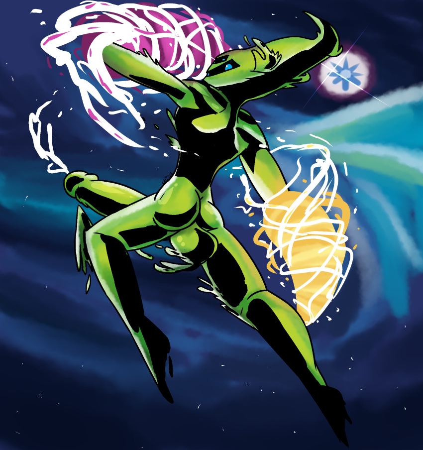 2022 action_pose anthro backsack balls big_balls big_penis black_body black_sclera blue_eyes bodily_fluids crystal_lancer cum duel_masters erection floating genital_fluids genitals glans green_balls green_body green_glans green_penis hi_res huge_balls huge_penis humanoid_genitalia humanoid_penis magic male marine monster multi_eye nude penis pose pupils rear_view solo ultilix white_pupils