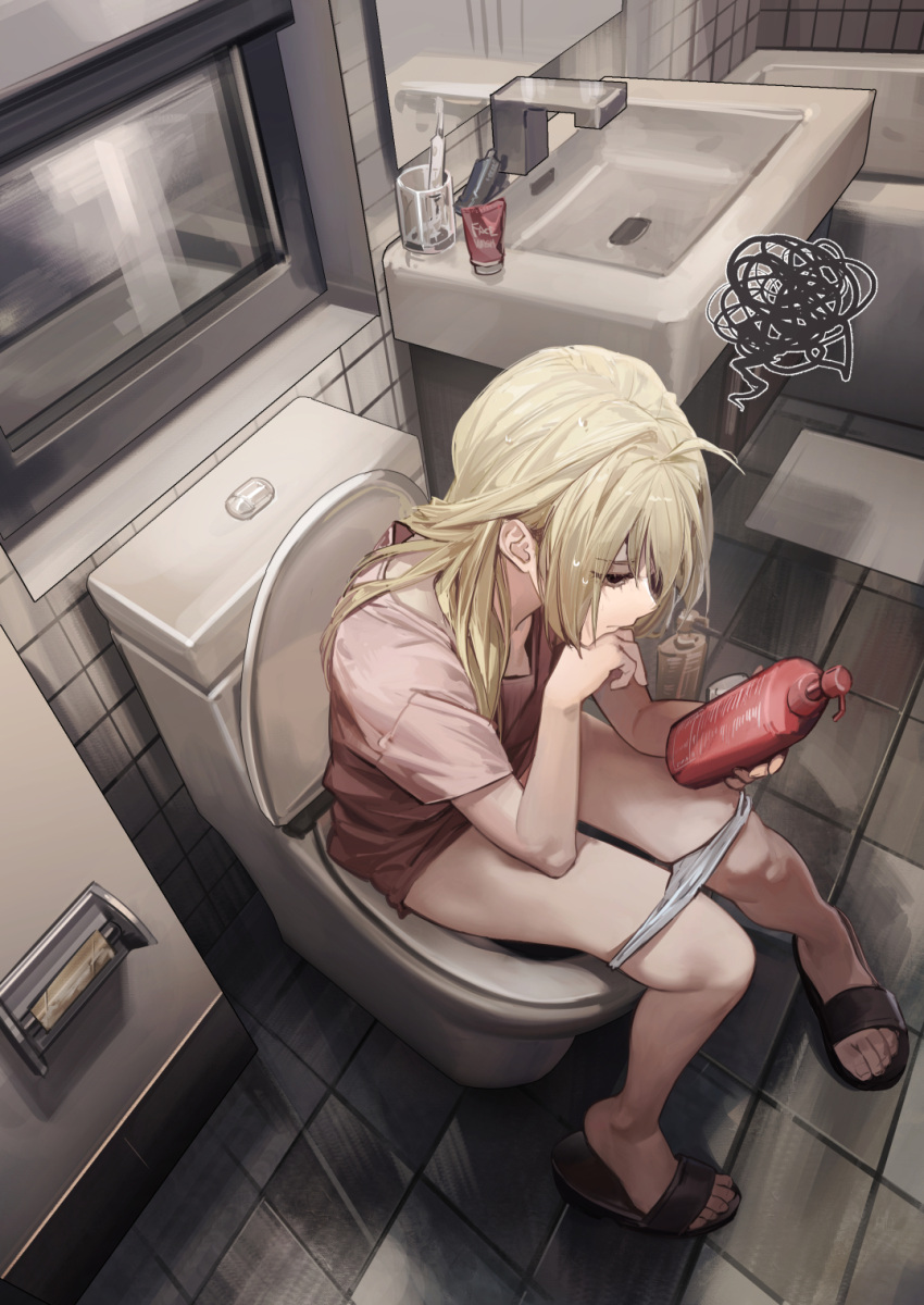 1girl ahoge bathroom bathtub blonde_hair cup from_above highres lotion_bottle mirror on_toilet original panties panty_pull pink_shirt rff_(3_percent) shirt sink sitting slippers tile_floor tiles toilet toilet_paper_tube tooth_brush underwear unfinished window