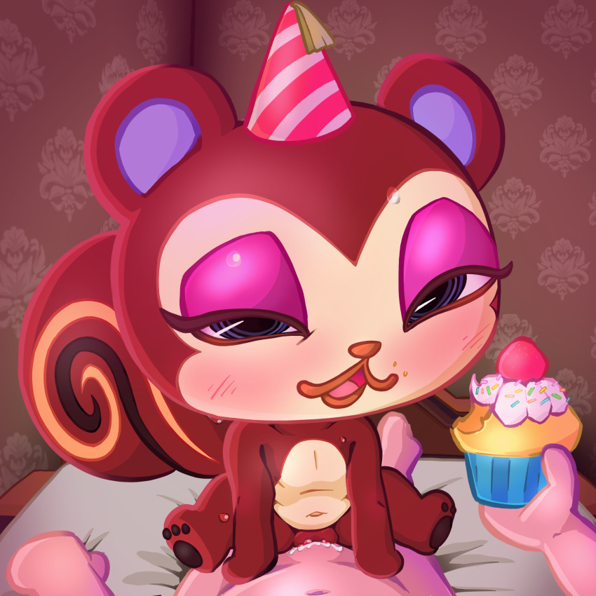 :3 animal_crossing anthro bed birthday birthday_sex blue_eyes blush bodily_fluids chibi clothing cowgirl_position cum cum_in_pussy cum_inside cupcake feeding female first_person_view food from_front_position furniture genital_fluids genitals hat headgear headwear hi_res human human_on_anthro interspecies makeup male male/female mammal nintendo on_bottom on_top party_hat pawpads pecan_(animal_crossing) pussy rodent sciurid sex simski size_difference smaller_female sweat swirl_pattern vaginal video_games villager_(animal_crossing)