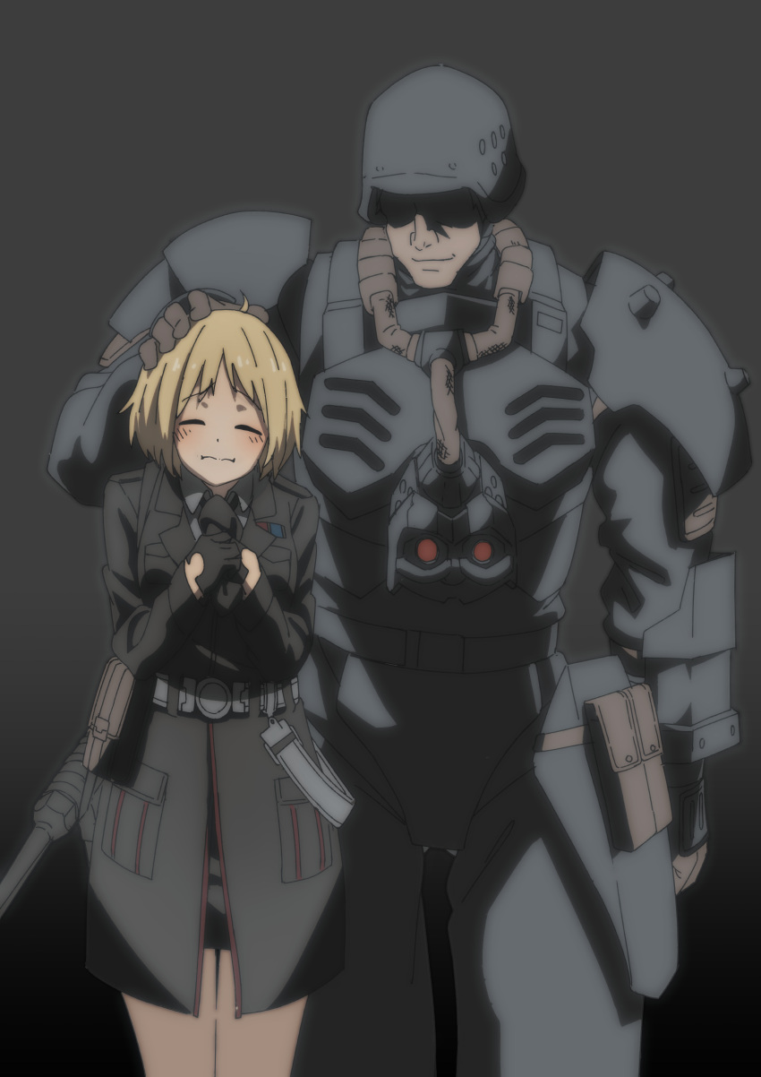 1boy 1girl armor black_armor black_gloves blonde_hair chinese_commentary commission faceless faceless_male gas_mask girls'_frontline gloves gun headpat height_difference helmet highres jin_roh long_sleeves mask military military_uniform mp40 mp40_(girls'_frontline) necktie pixiv_request shirt short_hair simple_background submachine_gun triangle_bullet uniform weapon