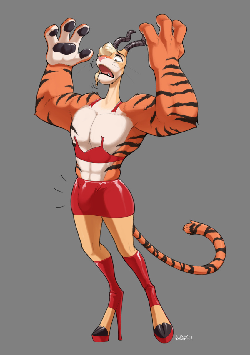 absurd_res anthro badroy bottomwear bulge clothing countershading disney footwear fur gazelle_(zootopia) gender_transformation handpaw hi_res high_heels hooves muscular paws skirt solo striped_body striped_fur stripes tiger_dancer_(zootopia) torn_clothing transformation zootopia