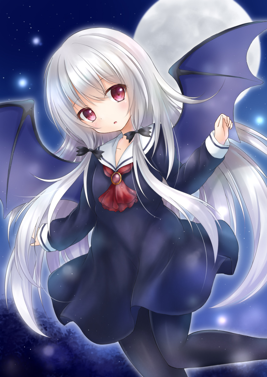 1girl bat_wings black_bow black_dress black_pantyhose blush bow dress full_moon grey_hair hair_bow highres kata_rosu long_hair moon night night_sky outdoors pantyhose red_eyes sailor_dress sky solo sophie_twilight tonari_no_kyuuketsuki-san very_long_hair wings