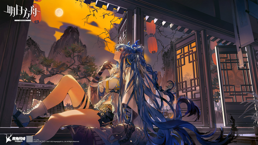 1girl architecture arknights arm_tattoo artist_request black_shorts black_skin blue_eyes blue_hair braid cloud cloudy_sky coin colored_skin company_name copyright_name dragon_girl dragon_horns dragon_tail east_asian_architecture foot_out_of_frame full_moon highres holed_coin horns jacket lantern ling_(arknights) long_hair looking_up mid-autumn_festival moon mountain necktie night official_art orange_sky outdoors paper_lantern shirt shorts sky solo tail tattoo thigh_strap tree very_long_hair watermark white_footwear white_jacket white_shirt yellow_necktie