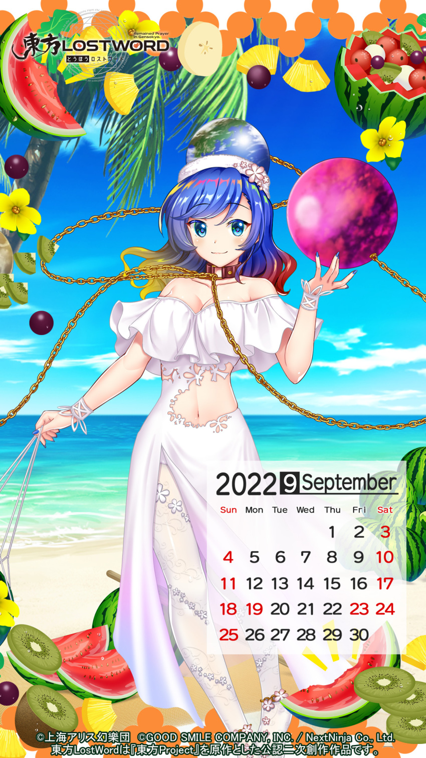 1girl anklet bangs bare_shoulders beach blue_eyes blue_hair blue_nails blue_sky blush breasts calendar_(medium) chain cleavage clothing_cutout collar collarbone copyright_name dress earth_(ornament) floral_print flower food fruit gradient_hair hecatia_lapislazuli hecatia_lapislazuli_(earth) highres jewelry kiwi_(fruit) legs long_dress looking_at_viewer medium_hair moon_(ornament) multicolored_hair nail_polish navel ocean official_art official_wallpaper palm_tree pantyhose pineapple pineapple_slice polos_crown side_slit sky smile standing stomach_cutout thighs touhou touhou_lost_word tree underworld_(ornament) watermelon wavy_hair white_dress white_pantyhose wristband yellow_flower