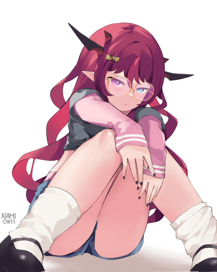 1girl artist_name bespectacled black_footwear black_nails blue_eyes casual closed_mouth crop_top english_text glasses hair_between_eyes hair_ornament hairclip half-closed_eyes heterochromia highres hololive hololive_english horns irys_(hololive) knees_up long_hair long_sleeves looking_at_viewer mary_janes multicolored_hair namiorii pointy_ears purple_eyes purple_hair shoes short_shorts shorts simple_background sitting sleeves_past_wrists socks solo streaked_hair wavy_hair yellow-framed_eyewear