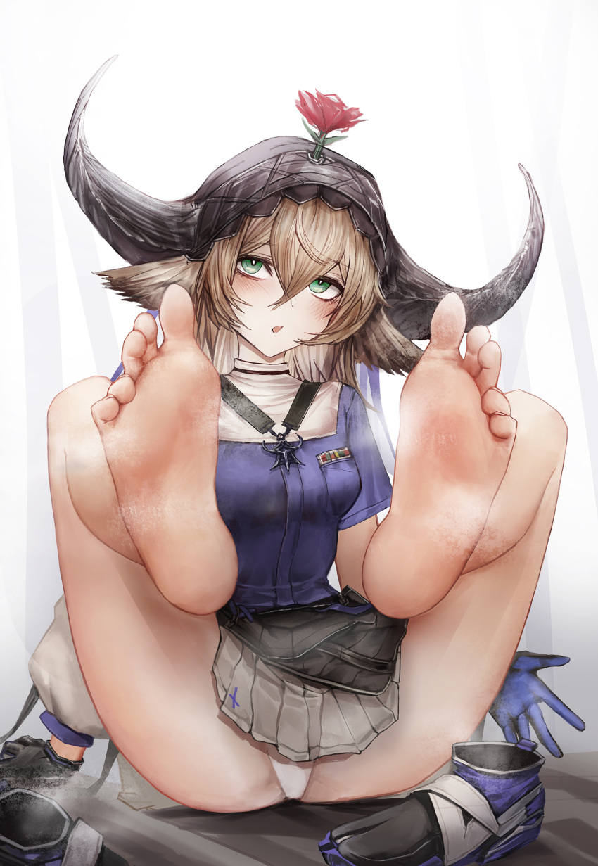 1girl :o absurdres animal_ears arknights bangs bare_legs barefoot black_footwear black_gloves blue_gloves blush breasts brown_hair cow_ears cow_girl cow_horns feet gloves green_eyes grey_skirt hair_between_eyes highres horns legs_up long_hair looking_at_viewer miniskirt onedr pallas_(arknights) panties parted_lips purple_shirt shirt shoes shoes_removed short_sleeves simple_background sitting skirt small_breasts soles solo spread_legs steaming_body toes two-tone_gloves underwear upskirt veil white_background white_panties