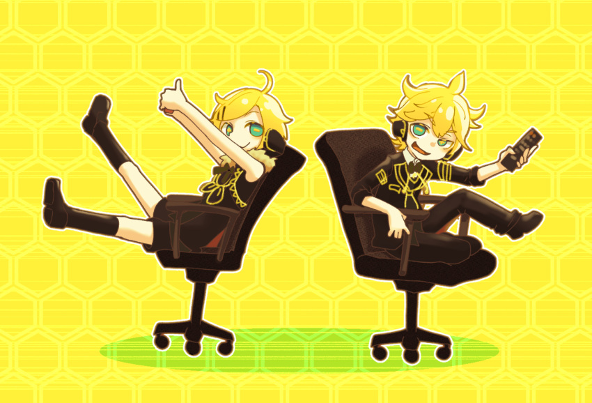 1boy 1girl ahoge aqua_eyes black_footwear black_pants black_shorts blonde_hair chair chibi closed_mouth controller fur_collar holding holding_remote_control honeycomb_(pattern) honeycomb_background kagamine_len kagamine_rin leg_up legs_up looking_at_viewer office_chair on_chair open_mouth pants remote_control rimocon_(vocaloid) shirt shoes shorts simple_background sitting sleeveless sleeveless_shirt smile tomiro v-shaped_eyebrows vocaloid yellow_background