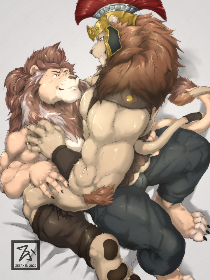 bulge butt duo felid hi_res leolex lion male mammal mane muscular pantherine paws pecs tbohlion zetaxen