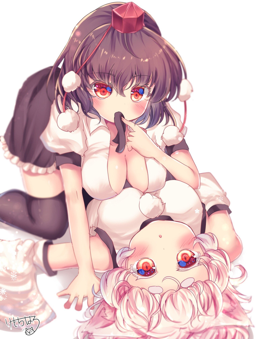 2girls animal_ears black_hair black_skirt black_thighhighs breasts cleavage detached_sleeves hat highres inubashiri_momiji kemo_chiharu large_breasts looking_at_viewer lying mouth_hold multiple_girls on_back pom_pom_(clothes) puffy_short_sleeves puffy_sleeves red_eyes red_headwear ribbon ribbon_in_mouth shameimaru_aya short_hair short_sleeves skirt thighhighs tokin_hat touhou white_background white_hair wolf_ears