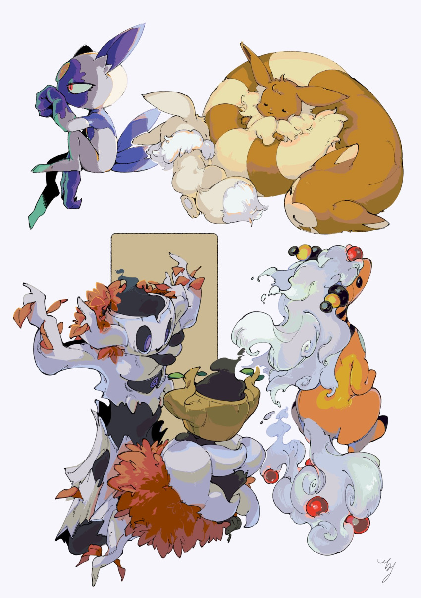 0_ici_0 alternate_color ampharos black_eyes closed_eyes curled_up eevee fluffy furret highres hisuian_sneasel invisible_chair mega_ampharos mega_pokemon no_humans phantump pokemon pokemon_(creature) red_eyes shiny_pokemon signature sitting sleeping trevenant