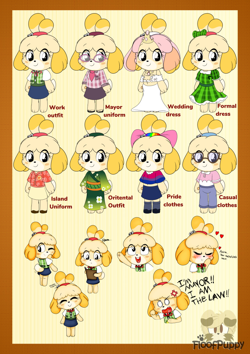 2020 absurd_res angry animal_crossing anthro blue_bottomwear blue_clothing blue_skirt blush border bottomwear canid canine canis clothing crop_top domestic_dog dress english_text eyewear female floofpuppy fur glasses green_clothing green_dress hi_res isabelle_(animal_crossing) lgbt_pride mammal midriff nintendo pants pattern_clothing pattern_dress pink_clothing pink_shirt pink_topwear plaid plaid_clothing plaid_dress pride_color_clothing pride_colors raised_arm screaming shih_tzu shirt skirt smile solo tail_through_skirt text topwear toy_dog video_games white_bottomwear white_clothing white_skirt yellow_body yellow_bottomwear yellow_clothing yellow_fur yellow_skirt