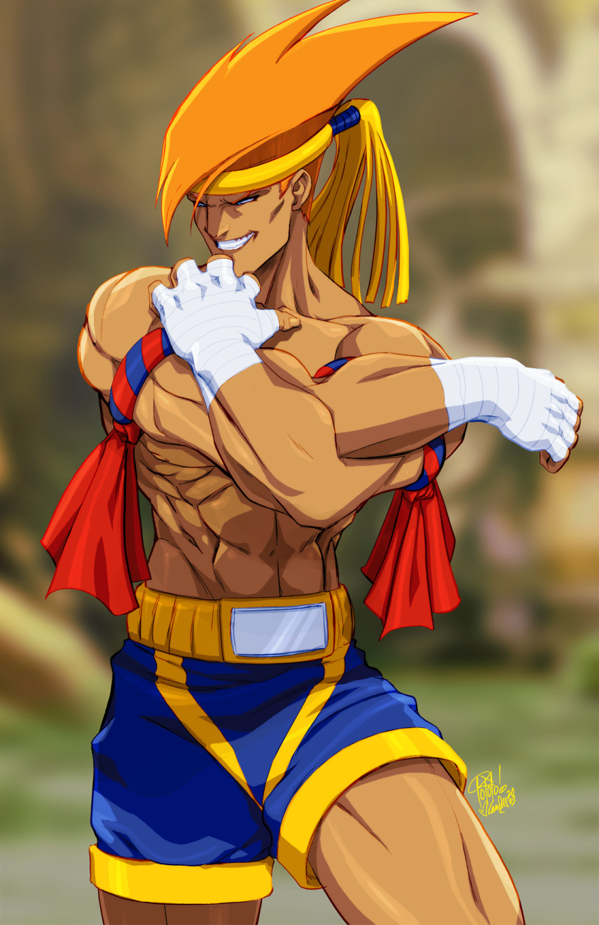 1boy abs adon_(street_fighter) artist_name blue_eyes blue_shorts blurry blurry_background cheekbones commission grin hairband hand_wraps highres male_focus muscular muscular_male orange_hair outdoors shorts smile solo street_fighter stretching tan topless_male tovio_rogers
