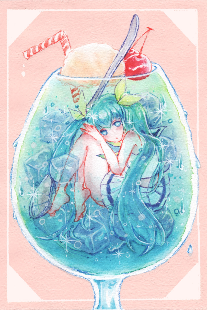 1girl aqua_hair bare_shoulders barefoot blue_eyes cherry closed_mouth cup drinking_straw food from_side fruit full_body hand_on_own_knee hatsune_miku highres ice ice_cream ice_cream_float ice_cube in_container in_cup long_hair looking_at_viewer miniskirt painting_(medium) pleated_skirt shirt skirt sleeveless sleeveless_shirt spoon tpamjdsta_(usatokurasu) traditional_media very_long_hair vocaloid watercolor_(medium) white_shirt white_skirt