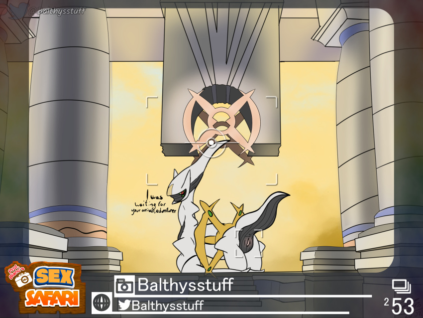 2022 absurd_res anus arceus balthysstuff butt deity dialogue english_text female feral generation_4_pokemon genitals hi_res legendary_pokemon logo looking_at_viewer looking_back looking_back_at_viewer new_pokemon_snap nintendo photo picture_frame pillars pokemon pokemon_(species) pussy raised_tail rear_view solo text video_games white_body