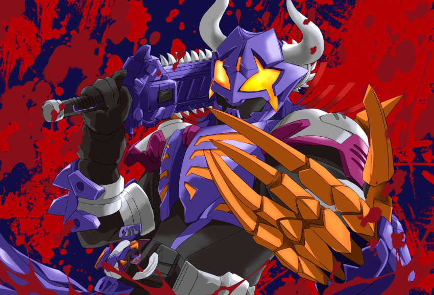 +_+ 1boy black_bodysuit black_footwear black_gloves blood blood_splatter bodysuit boots buffalo bull chainsaw claw_(weapon) cowboy_shot crack desire_driver gloves highres horns kamen_rider kamen_rider_buffa kamen_rider_geats_(series) long_hair looking_at_viewer miyabi_(037) over_shoulder pointing pointing_at_viewer purple_hair raise_buckle scarf shoulder_spikes spikes splatter splatter_background sword weapon weapon_over_shoulder zombie_breaker zombie_buckle