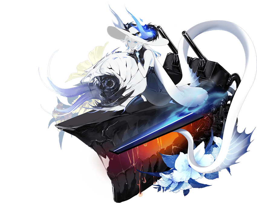1girl abyssal_ship akira_(kadokawa) aqua_eyes blue_eyes colored_skin drooling fiery_horns fire flame flower full_body glowing glowing_eyes horns kantai_collection official_art pale_skin prototype_aircraft_carrier_princess saliva smile tail teeth thighhighs transparent_background turret white_hair white_skin