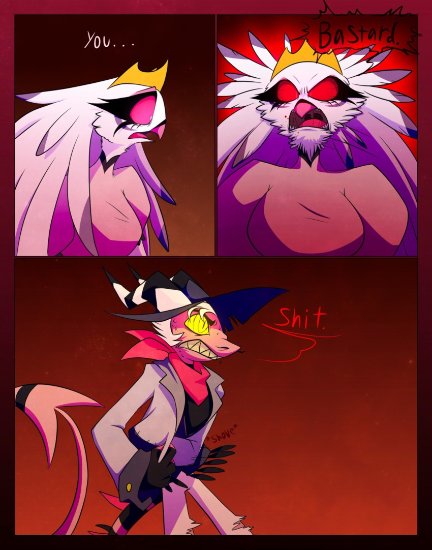 angry anthro avian bird black_text clothing cowboy cowboy_hat crown dress duo female hair hat headgear headwear helluva_boss hi_res imp long_hair myquirkisfred owl owl_demon pink_eyes red_eyes red_text screaming shocked shocked_expression shocked_face simple_background stella_(helluva_boss) striker_(helluva_boss) text white_hair white_text yelling
