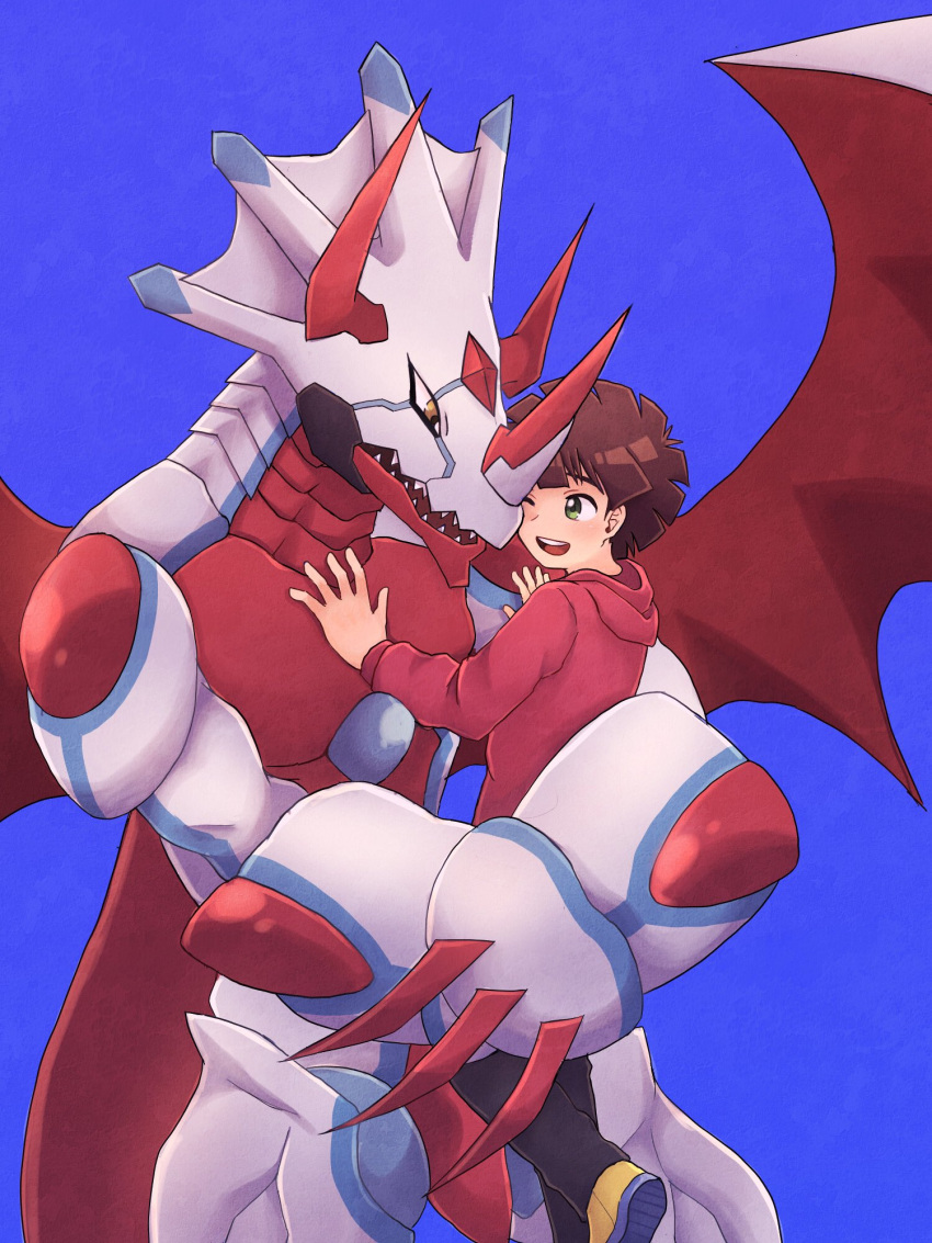 anthro bandai_namco canoweissmon clothing digimon digimon_ghost_game dragon duo embrace hi_res hiro_amanokawa hoodie horn hug human male mammal size_difference smile topwear white_body wings yellow_eyes