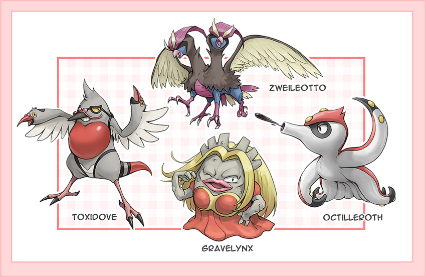 black_eyes border character_name commentary framed fusion graveler hand_on_hip hand_up jynx kazuko_(towa) no_humans octillery one_eye_closed pidgeotto pidove pink_border pokemon pokemon_(creature) slakoth spitting toxicroak zweilous