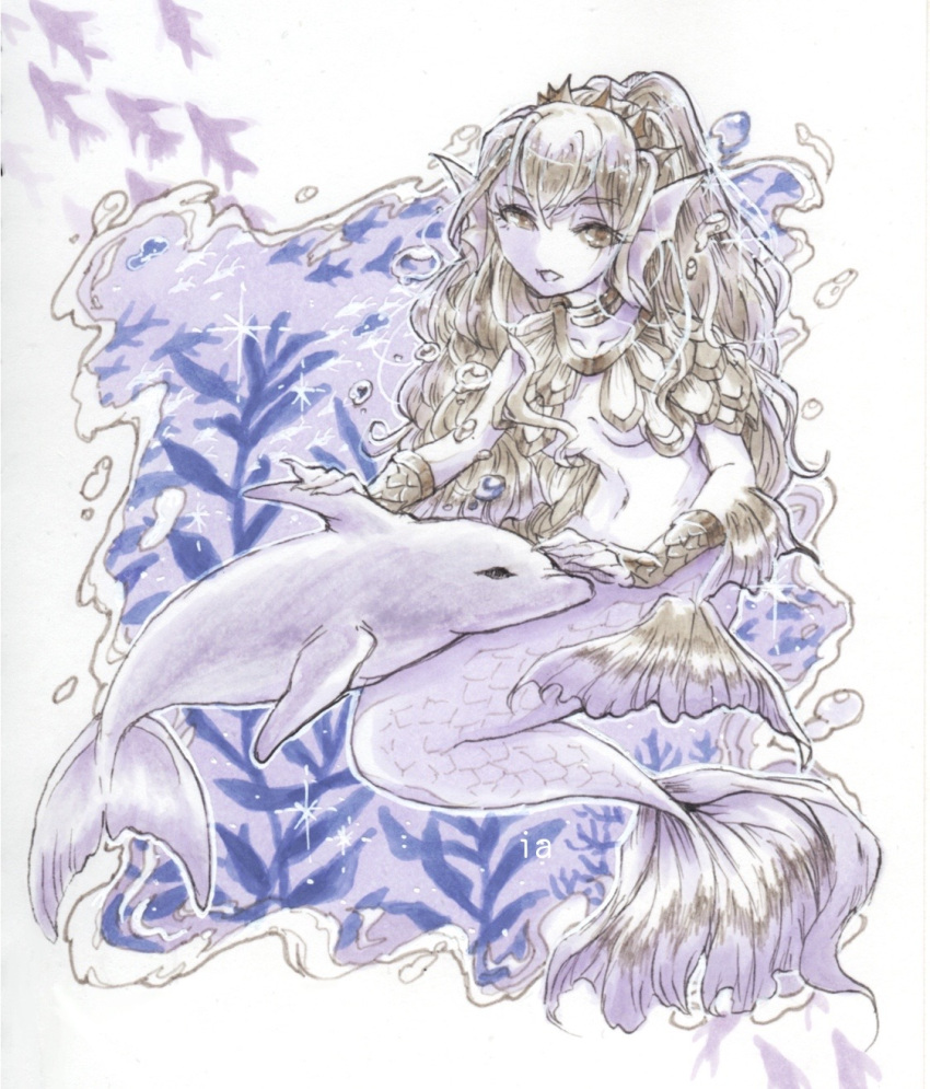 1girl breast_curtains breasts collarbone dolphin fish head_fins highres limited_palette marker_(medium) mermaid monster_girl navel original small_breasts solo tpamjdsta_(usatokurasu) traditional_media underwater