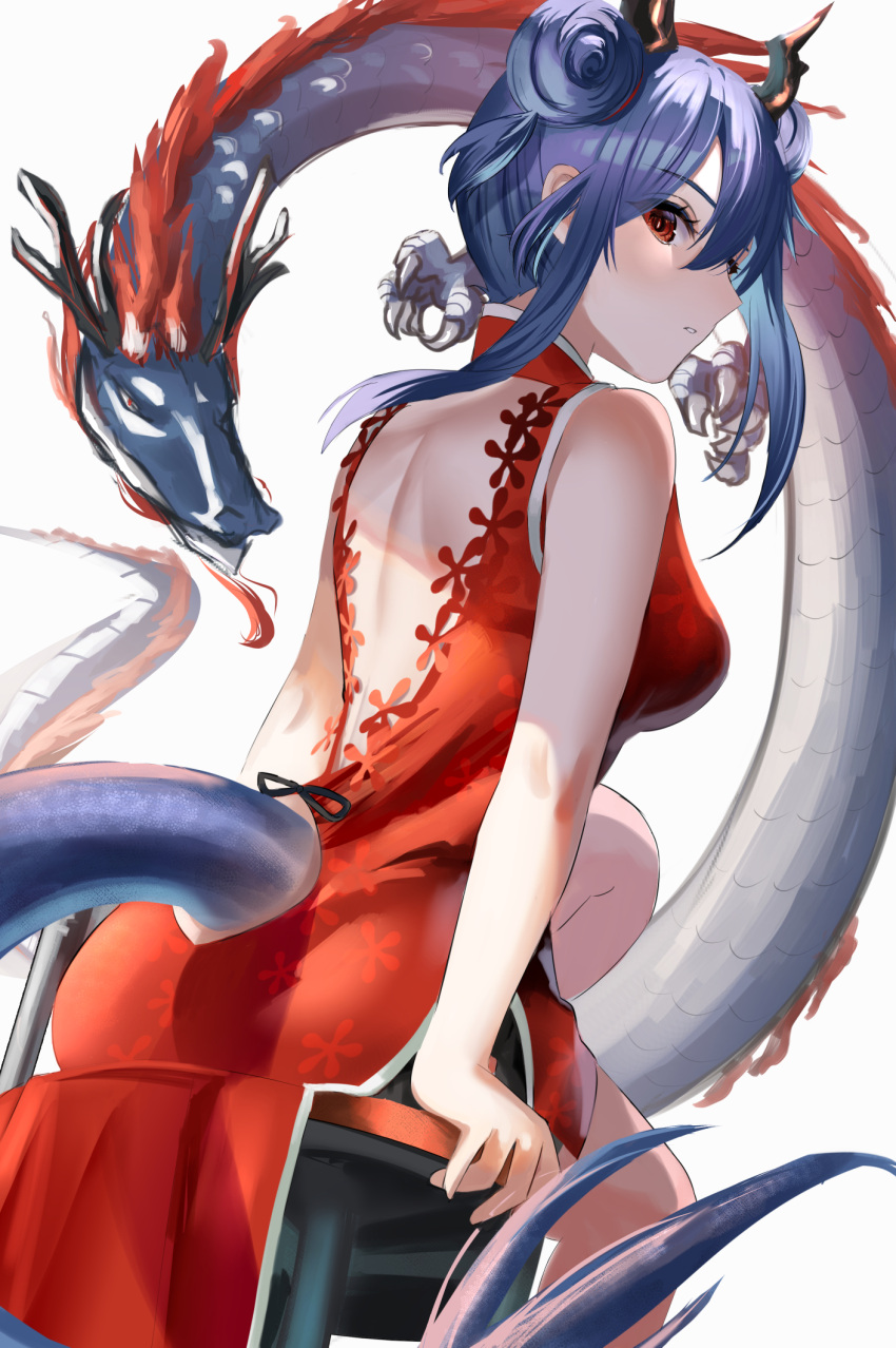 1girl arknights ass bangs bare_arms bare_shoulders blue_hair breasts ch'en_(ageless_afterglow)_(arknights) ch'en_(arknights) double_bun dragon_horns dragon_tail dress feet_out_of_frame hair_between_eyes hair_bun highres horns large_breasts lucy_(rusi-juren328) red_dress red_eyes sidelocks simple_background sitting sleeveless sleeveless_dress solo tail white_background
