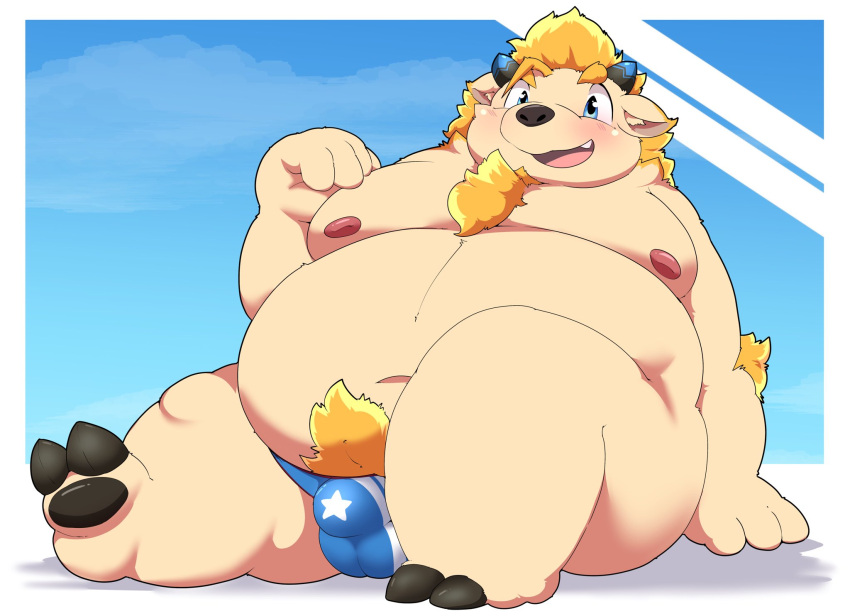 2022 anthro babe_bunyan balls_outline belly big_belly blush bovid bovine bulge cattle clothing genital_outline hi_res kemono kusosensei lifewonders male mammal moobs navel nipples penis_outline sitting solo swimwear tokyo_afterschool_summoners video_games