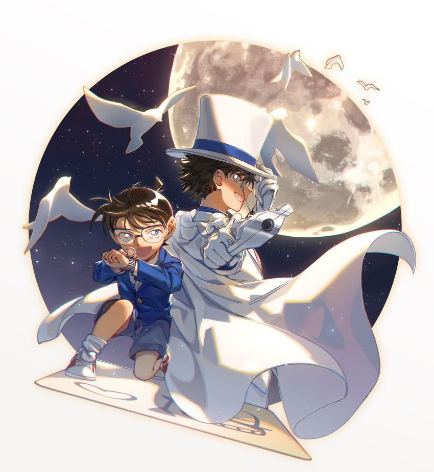 2boys antenna_hair bangs bird black_hair blue_eyes blue_jacket blue_shirt bow bowtie cape collared_shirt commentary dress_shirt edogawa_conan formal full_moon glasses gloves grey_shorts grin gun hat hi-fi_(fijazzy) highres holding holding_gun holding_weapon jacket kaitou_kid long_sleeves magic_kaito male_child male_focus meitantei_conan monocle moon multiple_boys necktie night night_sky open_mouth pant_suit pants pointing pointing_at_viewer red_bow red_bowtie red_footwear shirt short_hair short_shorts shorts sky smile suit symbol-only_commentary watch weapon white_cape white_gloves white_headwear white_jacket white_pants white_shirt wing_collar wristwatch