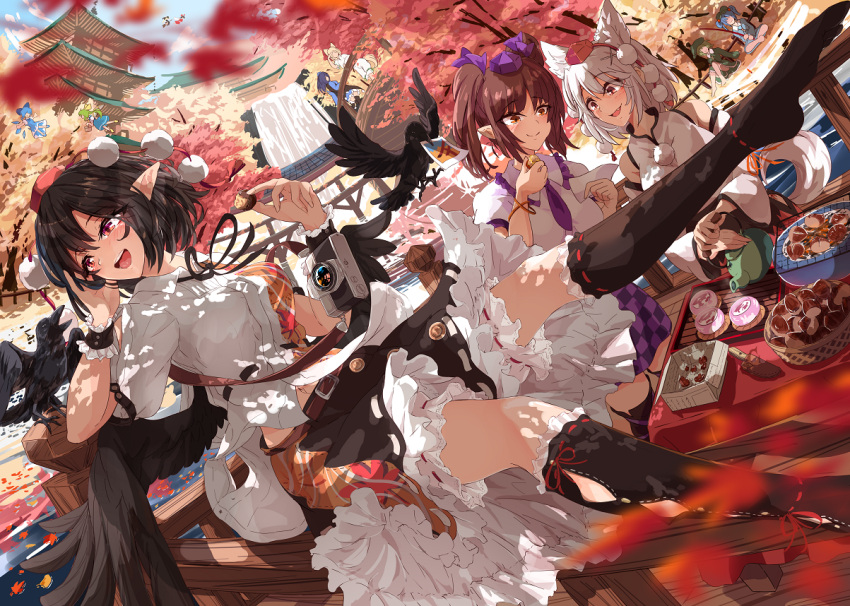 6+girls :d afloat_leaves animal_ear_fluff animal_ears architecture autumn_leaves bangs belt belt_buckle bird bird_wings black_hair black_skirt black_wings blonde_hair blue_dress blue_hair blue_headwear blush breasts brown_belt brown_eyes brown_hair buckle buttons cabbie_hat camera checkered_clothes checkered_skirt choko_(cup) cirno closed_mouth collar collared_shirt commentary_request crow cup daiyousei detached_sleeves dress east_asian_architecture fairy_wings falling_leaves feathered_wings flying fox_ears frilled_collar frilled_skirt frills green_hair hakurei_reimu hat himekaidou_hatate ice ice_wings iizunamaru_megumu inubashiri_momiji kagami_toufu kawashiro_nitori kirisame_marisa kudamaki_tsukasa large_breasts leaf leaf-pattern_stripe long_sleeves multiple_girls navel nontraditional_miko open_mouth photo_(object) pointy_ears red_eyes red_headwear ribbon-trimmed_legwear ribbon-trimmed_skirt ribbon_trim shameimaru_aya shirt short_hair skirt smile tail teeth thigh_strap tokin_hat tongue touhou tray two_side_up upper_teeth water waterfall white_hair white_shirt wide_sleeves wing_collar wings wolf_ears wolf_tail wrist_cuffs yamashiro_takane