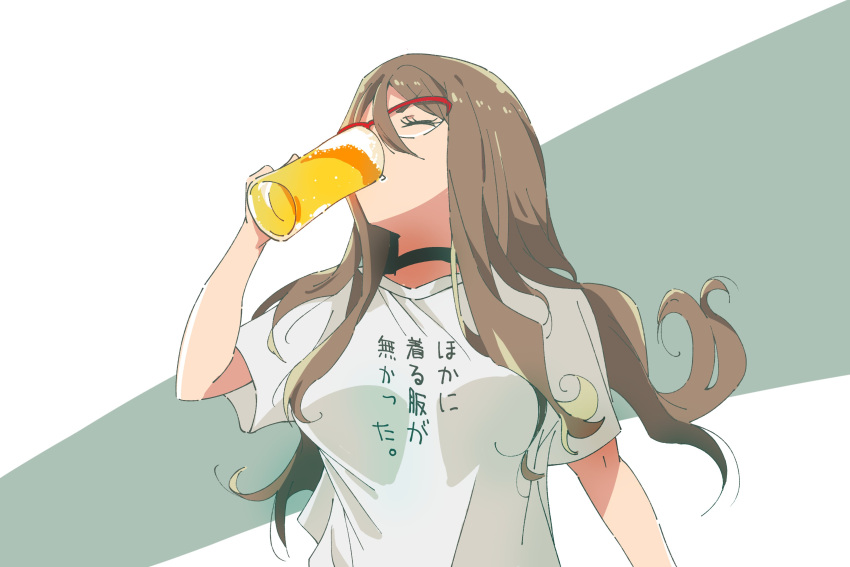 1girl absurdres alcohol black_choker brown_hair choker closed_eyes clothes_writing drinking eyelashes glasses grey_shirt hair_between_eyes highres long_eyelashes long_hair lycoris_recoil misskiwi nakahara_mizuki parted_lips red-framed_eyewear shirt solo t-shirt translation_request