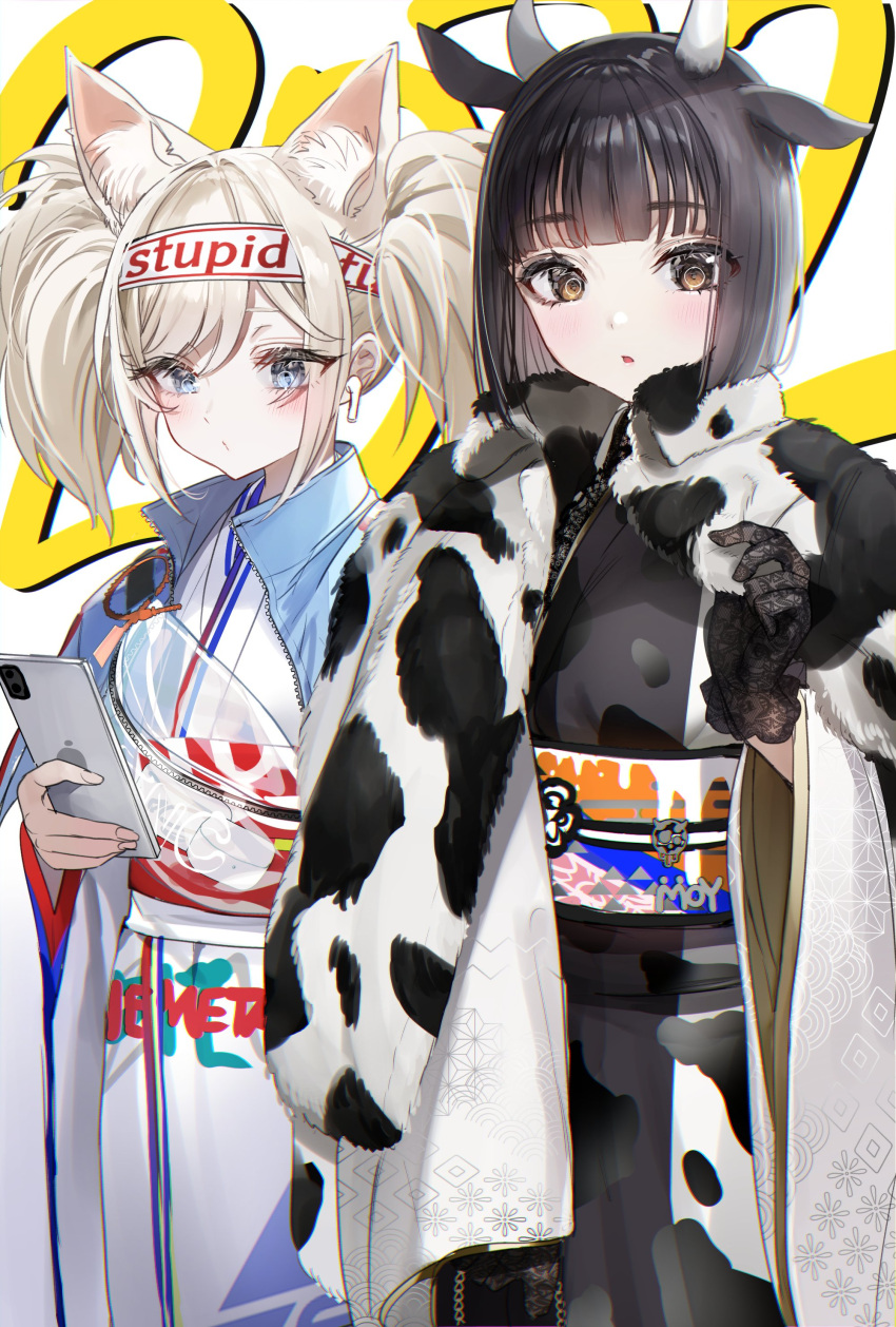 2girls absurdres animal_ears animal_print black_gloves black_hair black_kimono blue_eyes blue_jacket blush brown_eyes cellphone cow_ears cow_girl cow_horns cow_print earbuds earphones fanny_pack gloves highres holding holding_phone horns jacket jacket_on_shoulders japanese_clothes kimono multiple_girls nekometaru obi original parted_lips phone sash transparent white_hair white_kimono