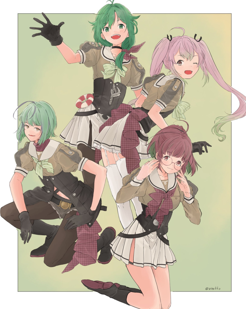 4girls black_choker black_footwear black_gloves black_pantyhose boots choker garter_straps glasses gloves green_hair grey_skirt hair_ribbon highres kantai_collection kokko_(014kko) long_hair long_sleeves matsu_(kancolle) momo_(kancolle) multicolored_hair multiple_girls neckerchief one_eye_closed open_mouth pantyhose pink_hair pleated_skirt red_hair ribbon round_eyewear sailor_collar school_uniform serafuku short_hair short_shorts short_sleeves shorts simple_background skirt take_(kancolle) thighhighs twintails twitter_username ume_(kancolle) very_long_hair white_sailor_collar white_skirt white_thighhighs