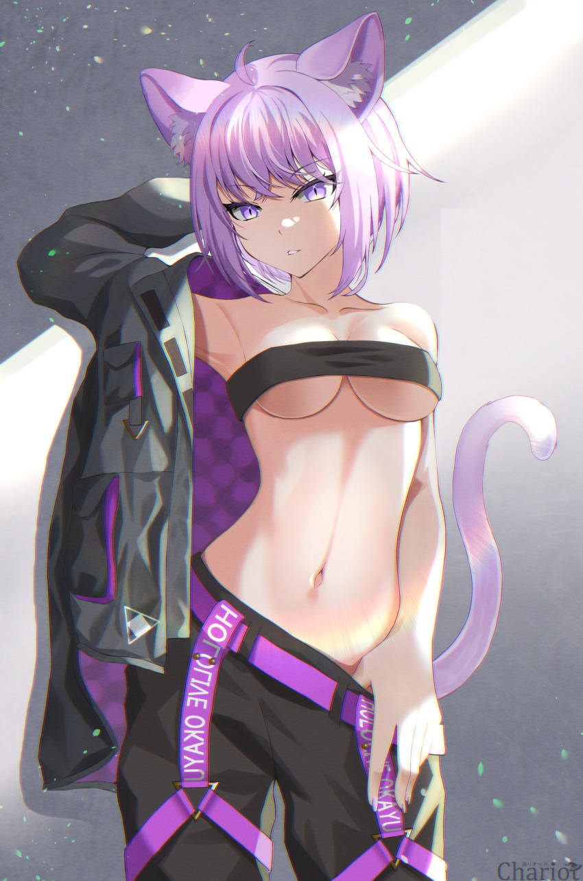 1girl absurdres ahoge animal_ear_fluff animal_ears armpits baggy_pants bangs black_bandeau black_jacket black_pants breasts cat_ears cat_girl cat_tail chariot_(teachariot828) chromatic_aberration commentary_request contrapposto crossed_bangs hair_between_eyes highres hololive jacket jacket_partially_removed large_breasts looking_to_the_side navel nekomata_okayu pants purple_eyes purple_hair short_hair signature solo tail thumb_in_beltline virtual_youtuber
