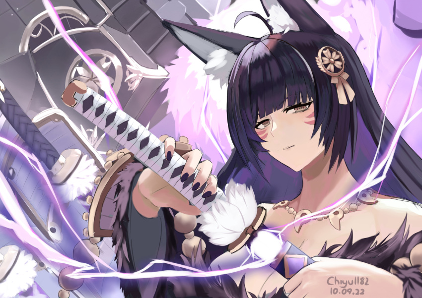 1girl animal_ear_fluff animal_ears azur_lane breasts fox_ears hair_ornament japanese_clothes jewelry lightning long_sleeves looking_at_viewer musashi_(azur_lane) solo sword weapon yellow_eyes