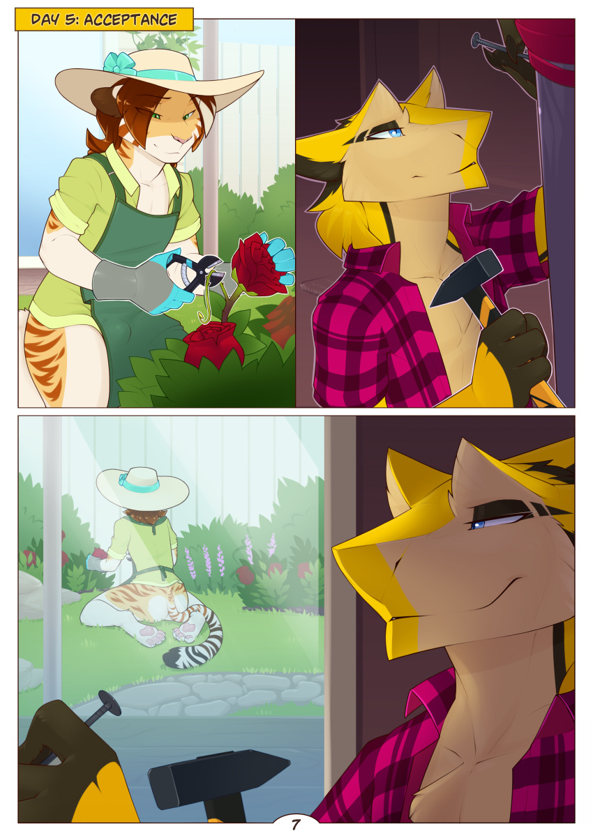 absurd_res anklav blue_eyes bottomless bulge clothed clothing comic dlw duo english_text felid flower garden_shears gardening girly hammer hi_res kneeling lavender_(flower) looking_at_another male mammal nail pantherine pattern_clothing pattern_topwear plaid plaid_clothing plaid_topwear plant rose_(flower) sergal shiori_(anklav) text tiger tools topwear unbuttoned_shirt