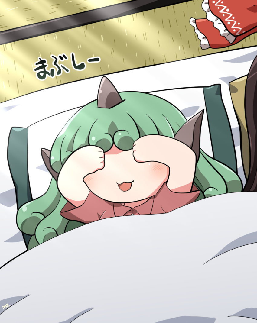 2girls blush bow bow_removed clothes_removed collared_shirt curly_hair futon green_hair hair_bow hakurei_reimu highres horns komano_aunn long_hair multiple_girls open_mouth pillow red_bow red_shirt rokugou_daisuke shirt short_sleeves signature single_horn solo_focus tatami touhou