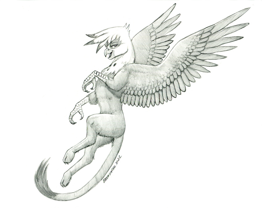 2022 avian baron_engel beak feathered_wings feathers female feral flying friendship_is_magic fur gilda_(mlp) graphite_(artwork) greyscale gryphon hasbro looking_at_viewer monochrome my_little_pony mythological_avian mythology open_beak open_mouth pencil_(artwork) solo spread_wings tail_tuft traditional_media_(artwork) tuft wings