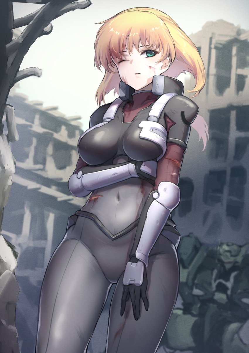 1girl blonde_hair blue_gender bodysuit breasts bullseye_(blue_gender) covered_navel cropped_jacket green_eyes grey_bodysuit highres itaco long_hair looking_at_viewer marlene_angel mecha medium_breasts one_eye_closed open_mouth pilot_suit ponytail robot shiny shiny_hair solo