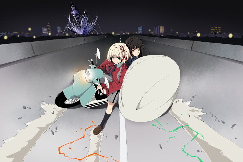 2girls absurdres akira akira_slide black_eyes blonde_hair blue_ribbon brown_hair building closed_mouth commentary_request dust dust_cloud electricity eyelashes frown grey_skirt ground_vehicle hair_between_eyes hair_ribbon highres inoue_takina long_eyelashes long_hair looking_at_viewer lycoris_recoil misskiwi motor_vehicle motorcycle multiple_girls night nishikigi_chisato outdoors red_eyes ribbon road short_hair skirt smile teeth