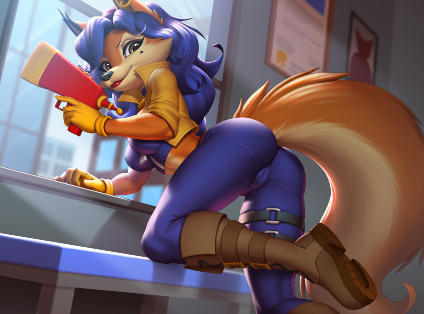 anthro bottomwear canid canine carmelita_fox clothing crop_top female fox jacket mammal pak009 pants shirt sly_cooper_(series) solo sony_corporation sony_interactive_entertainment sucker_punch_productions tight_bottomwear tight_clothing tight_pants topwear video_games