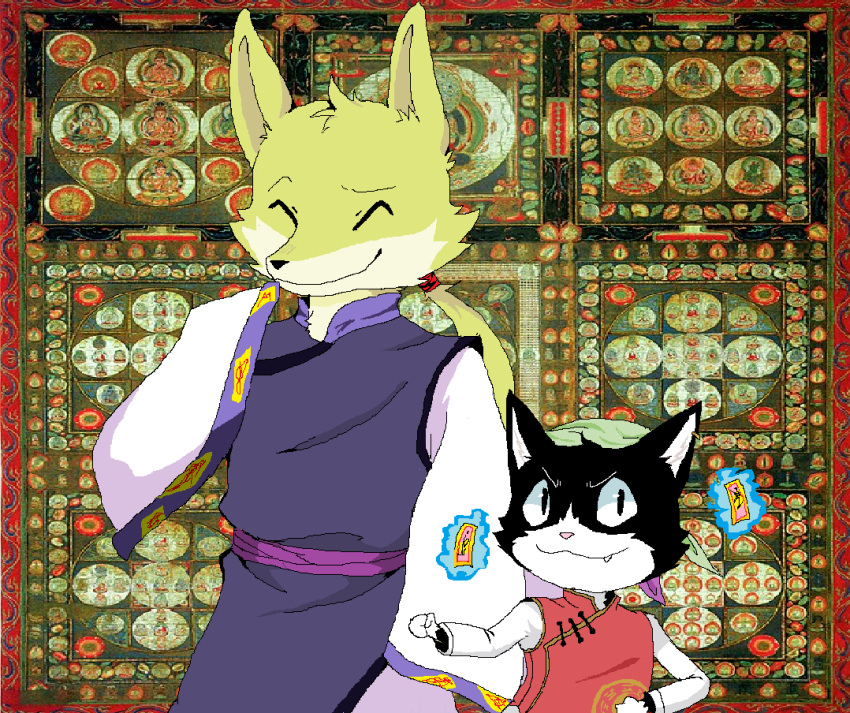 anthro asian_clothing asian_mythology bakeneko bandanna buddhism canid canine chinese_clothing clothing domestic_cat duo east_asian_clothing east_asian_mythology eyes_closed felid feline felis fighting_pose fist fox fox_spirit hair head_tuft japanese_mythology kerchief looking_at_viewer male mammal mandala mythology ofuda ponytail pose rhonbon tabard talisman tuft wide_sleeves yokai