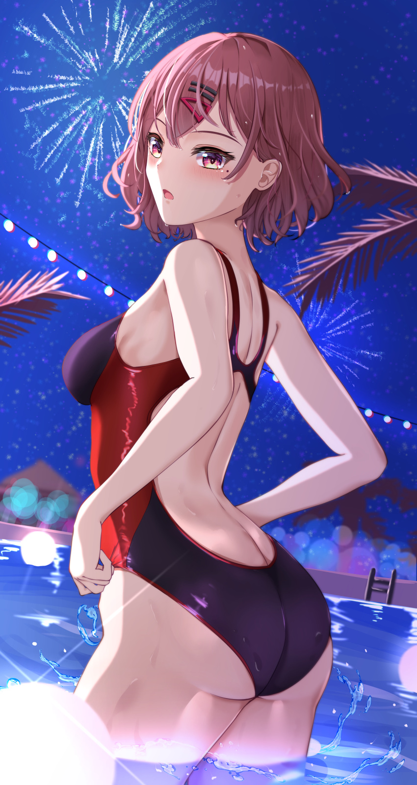 1girl absurdres ass bangs black_one-piece_swimsuit breasts brown_hair commentary_request competition_swimsuit fireworks hair_ornament hairclip hibika highres higuchi_madoka idolmaster idolmaster_shiny_colors medium_breasts mole mole_under_eye night night_sky one-piece_swimsuit open_mouth pool pool_ladder purple_eyes short_hair sky soaking_feet solo standing sweatshirt swept_bangs swimsuit water