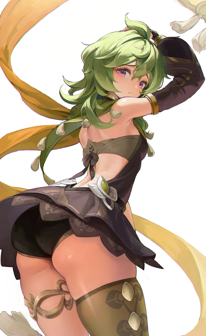 1girl absurdres arm_up ass back backless_outfit bandeau black_dress black_panties capelet closed_mouth collei_(genshin_impact) commentary cowboy_shot detached_sleeves dress from_behind from_below genshin_impact green_capelet green_hair green_thighhighs highres long_sleeves looking_at_viewer looking_back medium_hair panties puffy_long_sleeves puffy_sleeves purple_eyes simple_background single_thighhigh tassel thighhighs thighlet thighs underwear wellsy white_background