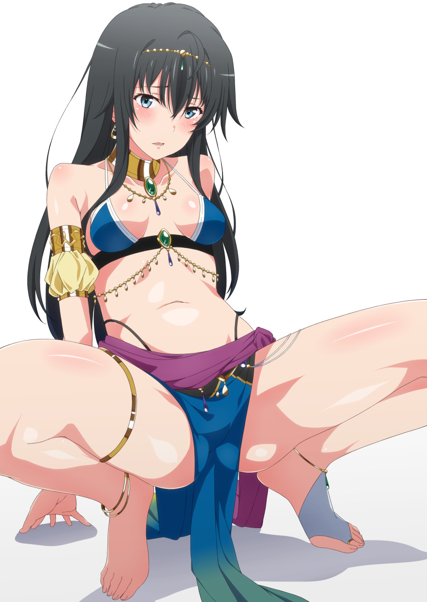 1girl absurdres ahoge bangs barefoot black_hair blue_eyes breasts collarbone commentary_request feet highres legs long_hair looking_at_viewer medium_breasts navel shadow shou937 simple_background small_breasts solo spread_legs squatting thighs toes white_background yahari_ore_no_seishun_lovecome_wa_machigatteiru. yukinoshita_yukino