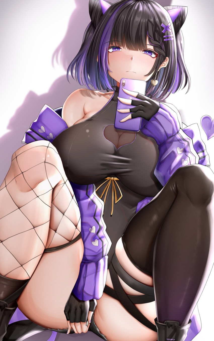 1girl absurdres animal_ears arm_between_legs asymmetrical_legwear black_dress black_hair black_shorts breasts cellphone chomikuplus cleavage closed_mouth commentary_request dress fishnet_pantyhose fishnet_thighhighs fishnets hair_ornament hairclip heart highres holding holding_phone jacket large_breasts mask miki_(virtuareal) mismatched_legwear multicolored_hair nijisanji pantyhose phone purple_eyes purple_hair purple_jacket selfie shadow shorts sitting smartphone solo spread_legs streaked_hair taut_clothes taut_dress thighhighs virtual_youtuber virtuareal x_hair_ornament